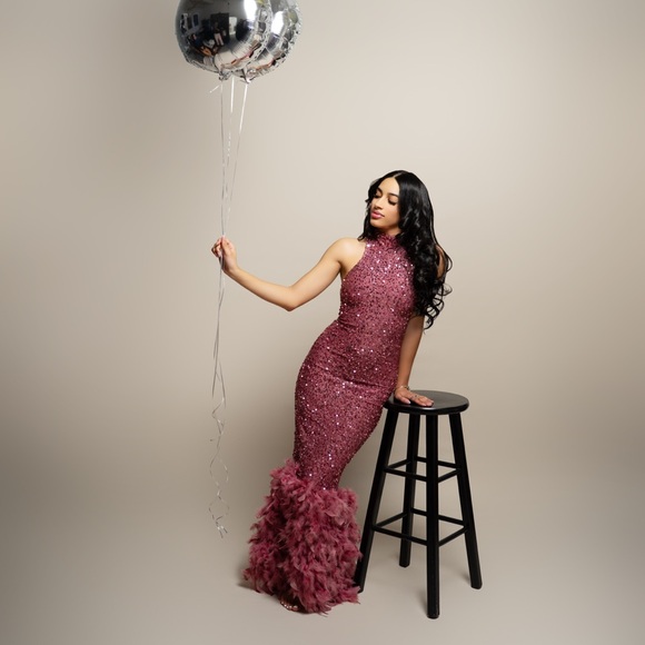 Pink Ruffled Halter Prom Gown - Picture 3 of 4